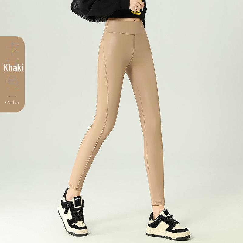 Женские леггинсы из матовой искусственной кожи с высокой талией и бархатной подкладкой — длина девять точек, 2024 г.