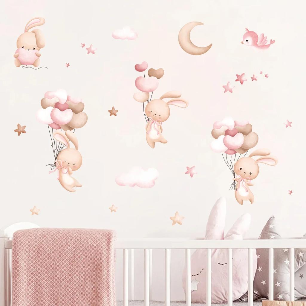 Pink Cartoon Bunny Moon Clouds Stars Watercolor Nursery Stickers Vinyl Children Wall Decals Art Print Kids Girls Room Home Decor