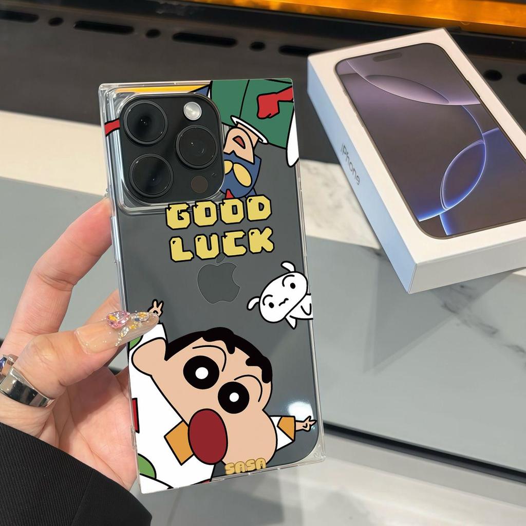 Прозрачный квадратный чехол-накладка для iPhone 13 11 14 Pro Max 16 ProMax 15 Plus 12 Защита от кислорода, Чехол с рисунком Крэйона Шин-чана