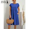 HNXC Женская мода лето весна однотонный принт О-образный вырез высокая талия повседневные платья