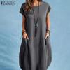 Women O-neck Short Sleeve Dress Solid Color Loose Summer Casual Short Dress