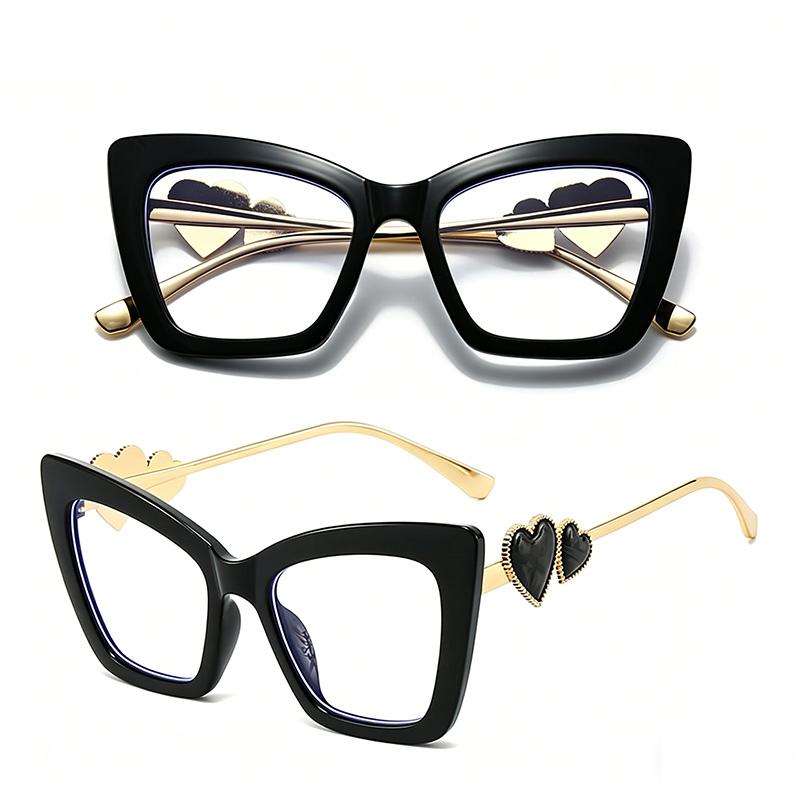 Trendy Cat Eye Blue Light Glasses with Metal Love Inlay, Unisex Anti-Fatigue Computer Eyewear, Fashion Eyeglasses for Men & Women