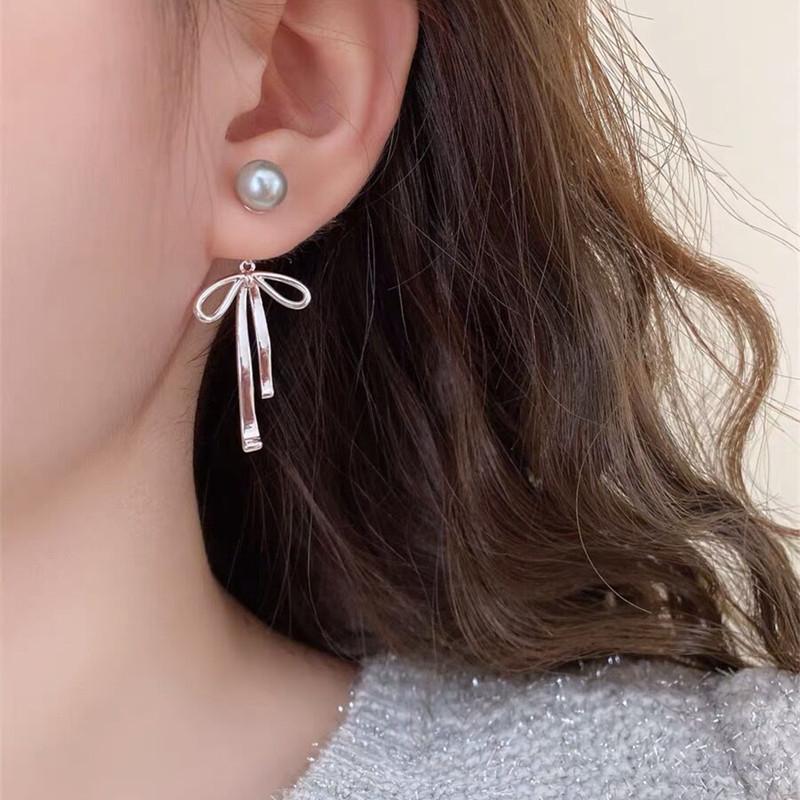Модные серебряные серьги-капли с бантом из ленты для женщин и девочек в корейском стиле, серьги с имитацией жемчуга, свадебные украшения, подарки