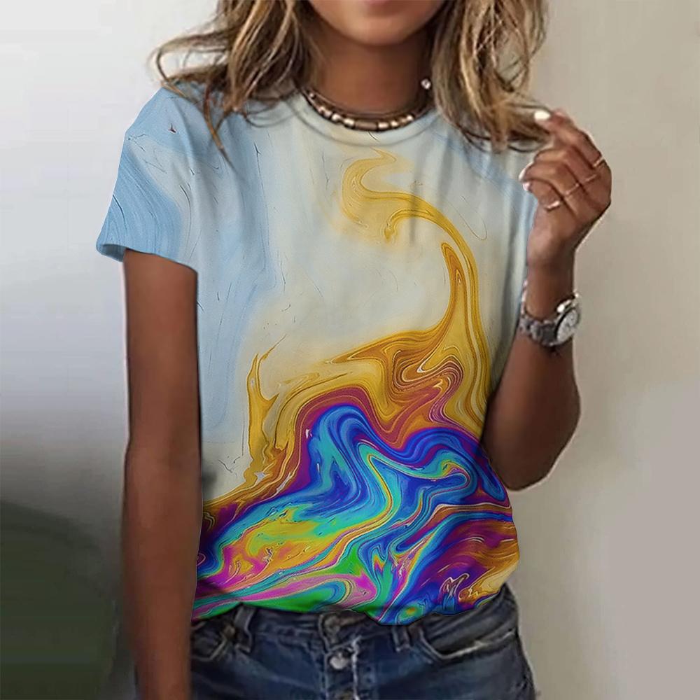 Летние цветные футболки с принтом Tie Dye 3D, женская уличная одежда, повседневная мода Y2k, футболка с коротким рукавом, футболки с круглым вырезом, топы, одежда