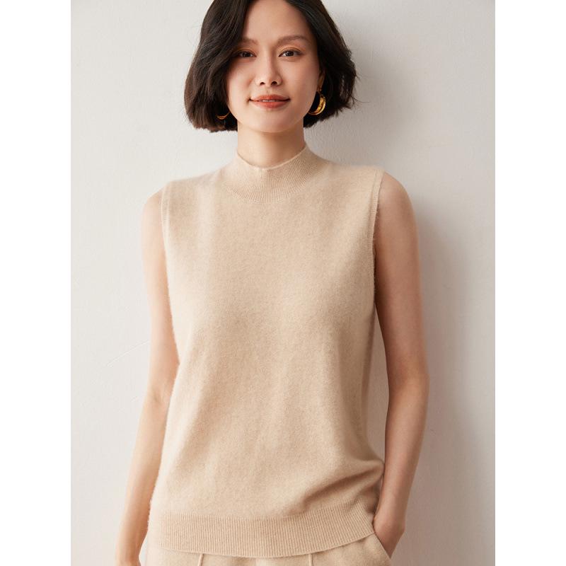 Women's Sleeveless Cashmere Wool Vest - Autumn/Winter High Neck Knit Sweater Base Layer