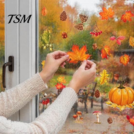 Easy Apply Fall Decorations 5Pcs Autumn Maple Pumpkin Static Window Clings, Harvest Stickers, Decorative PVC Glass Stickers Glue-Free Removable Decor
