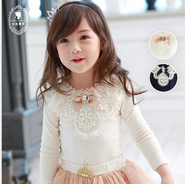 Korean Children's Lace Beaded Cotton T-shirt Top