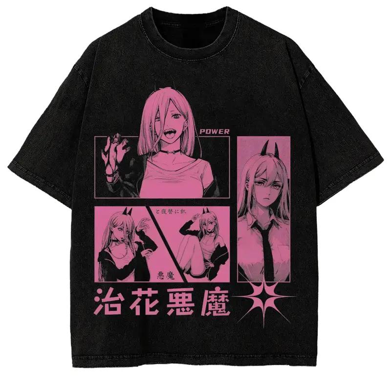 Chainsaw Man Power Kawaii Printed Tee Men Women Retro Washed T-shirts Oversized Cotton T Shirt Short Sleeve Clothing Male Tshirt