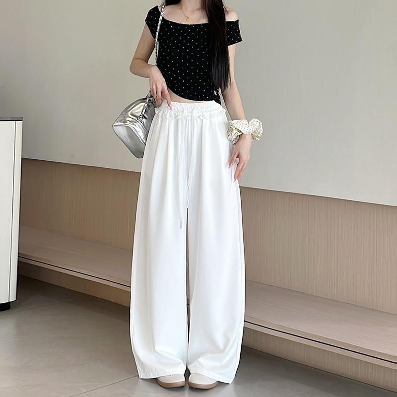 Lace-edged Ice Silk Wide-leg Pants Women's Summer Thin High-waisted Thin Loose-fitting Straight-leg Pants Casual Mopping Pants