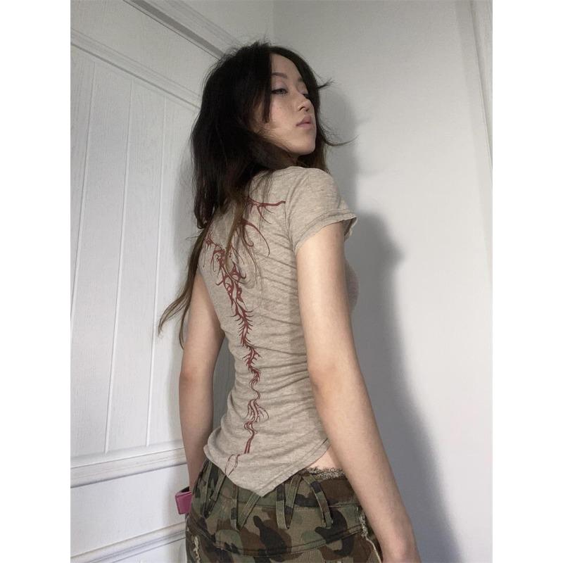 Grunge Aesthetics Knitted Tops Vintage Tattoo Print Tee Shirt Wasteland Punk Irregular T-shirt Gothic Alt Streetwear Y2k