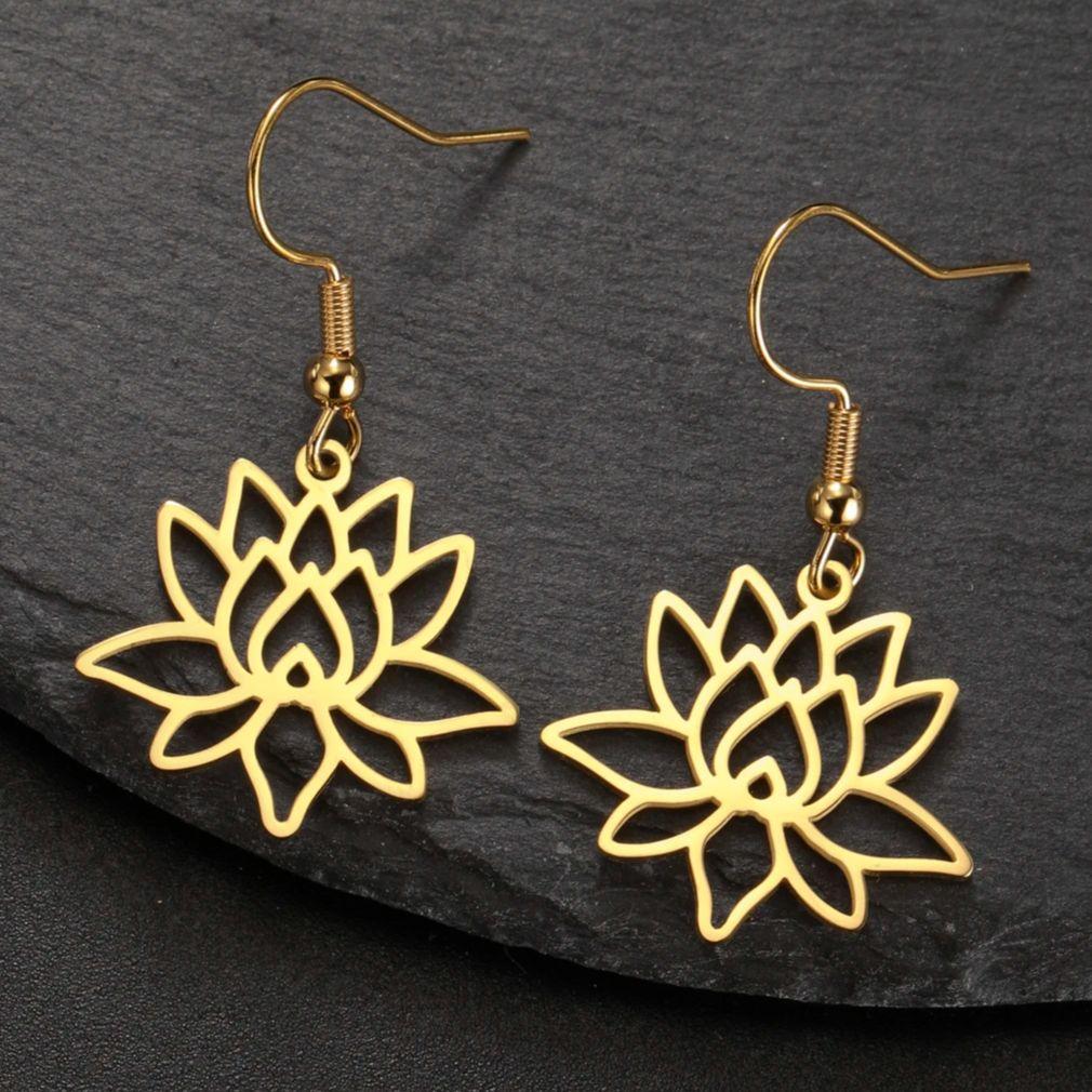 LIKGREAT Open Lotus Flower Dangle Earrings Women Stainless Steel Vintage Yoga Buddhism Healing Amulet Drop Hoop Earring Jewelry