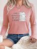 Women's Casual Long Sleeve T-Shirt Soft Round Neck Top with White Cat Sitting on Books Print & "Easily Distracted by Cats & Books" Saying,