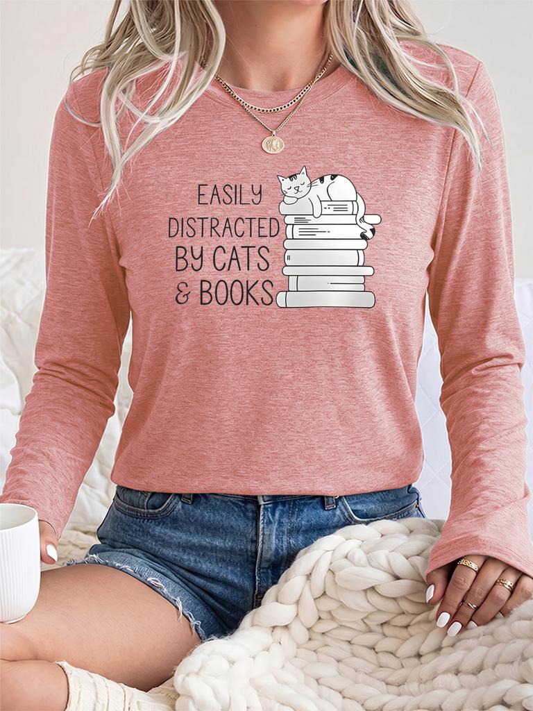 Women's Casual Long Sleeve T-Shirt Soft Round Neck Top with White Cat Sitting on Books Print & "Easily Distracted by Cats & Books" Saying,