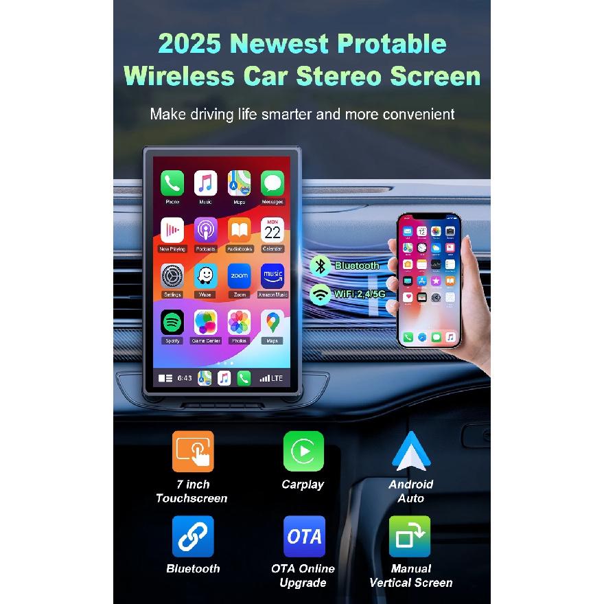 Jansite 7" Portable Multimedia Player Carplay AI Screen IPS Screen GPS Navigation Bluetooth Support Horizontal/Vertical Screen