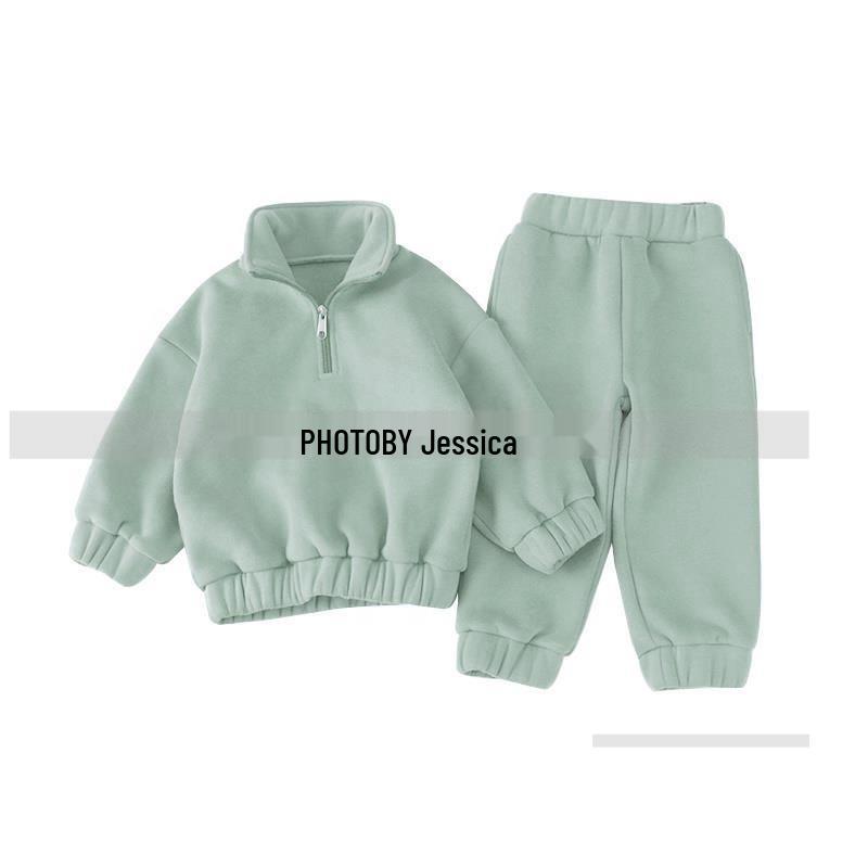 Зимний флисовый комплект в корейском стиле: Топ с высоким воротом на молнии до половины и джоггеры для мальчиков и девочек
