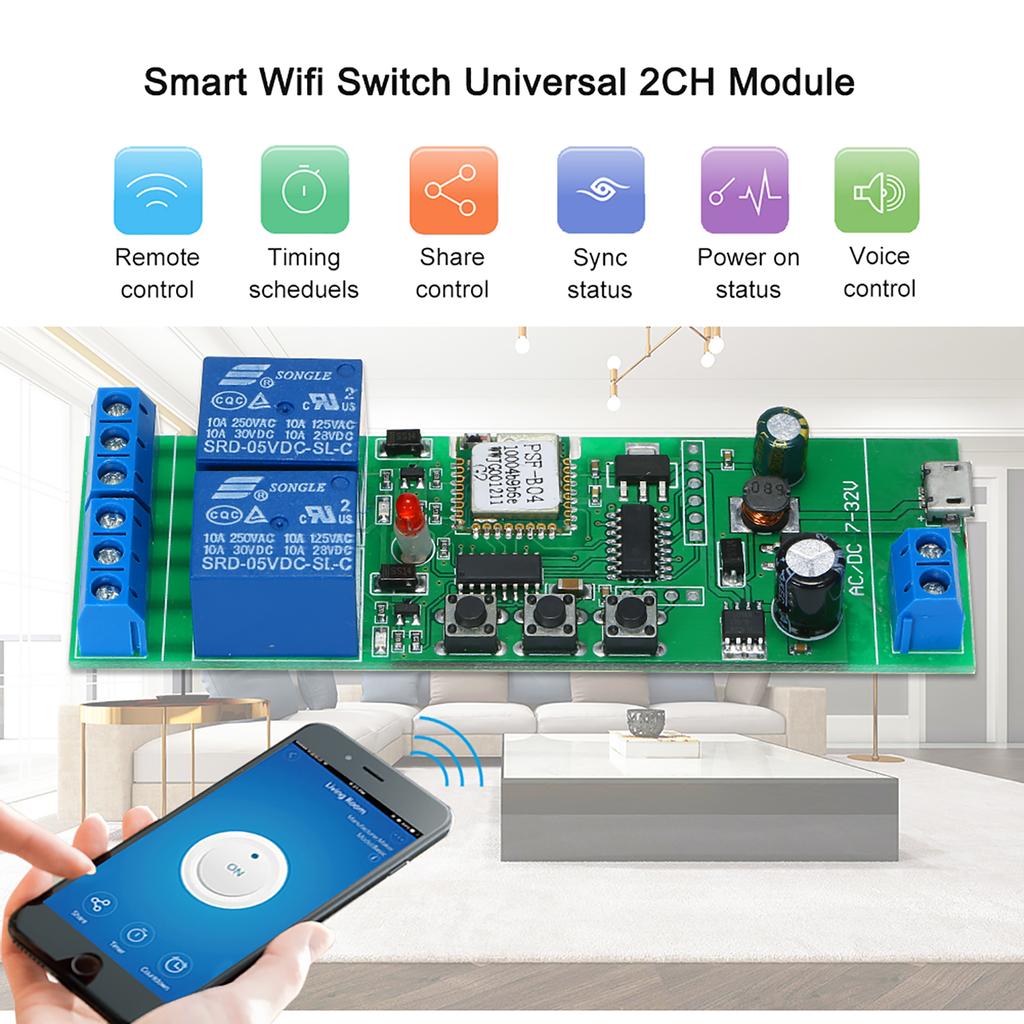 EWeLink Smart Wi-Fi Switch Универсальный модуль 2CH USB DC5V/7-32V Беспроводной переключатель Таймер Приложение для телефона Дистанционное управление Домашнее голосовое управление для умного дома