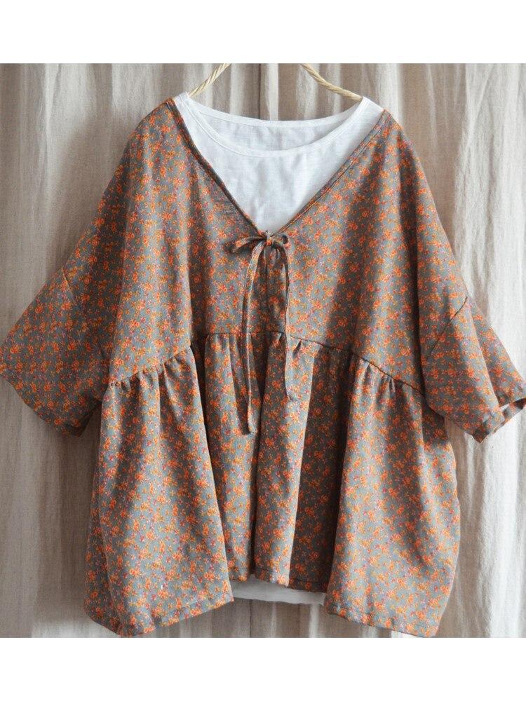 Johnature Женские рубашки в китайском стиле с поясом и коротким рукавом, летние блузки с цветочным принтом, хлопковая льняная одежда, рубашки