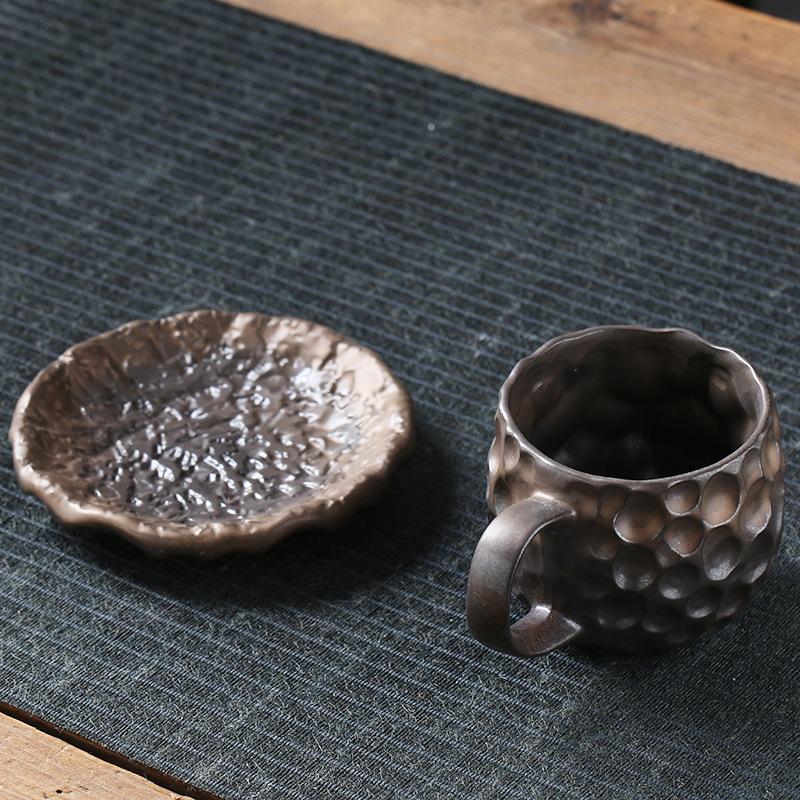 Винтажная керамическая кофейная кружка 270 мл с блюдцем, узор "молоток", каменная эспрессо-чашка с ручкой, японский стиль