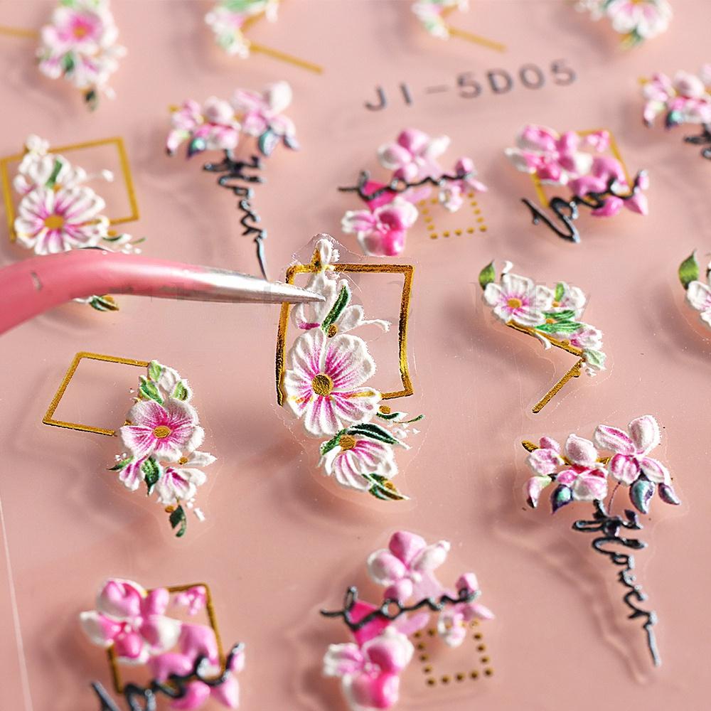 5D Flower Nail Stickers,3D Embossed Flower Nail Stickers Self Adhesive Nail Art Stickers 5D Flower Nail Design Nail Supplies DIY Nail Decoration
