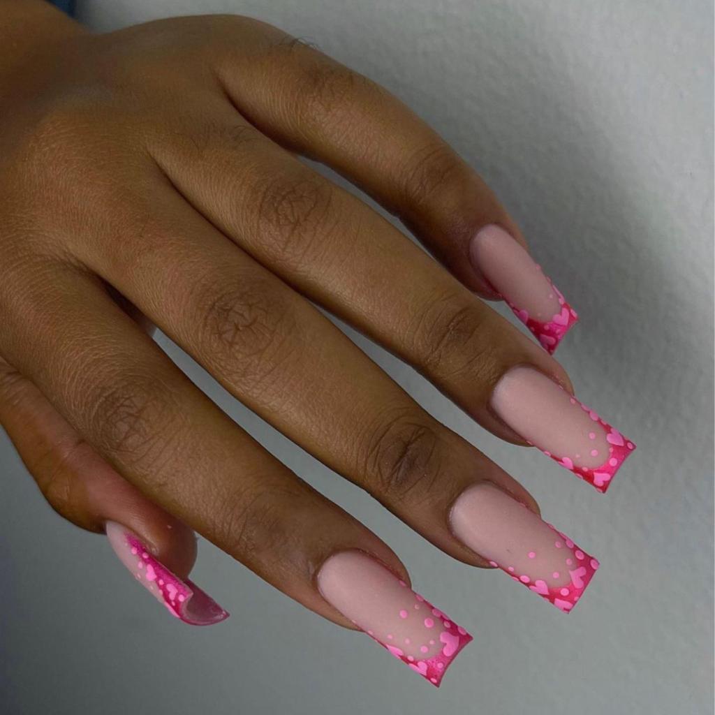 24pcs/set short Medium fake nails square ballet almond nail tips pink beautiful heart for Valentine's Day press on false nails