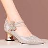 Женские туфли на толстом каблуке с жемчужным бантом и стразами для свадьбы - Весенняя коллекция 2025