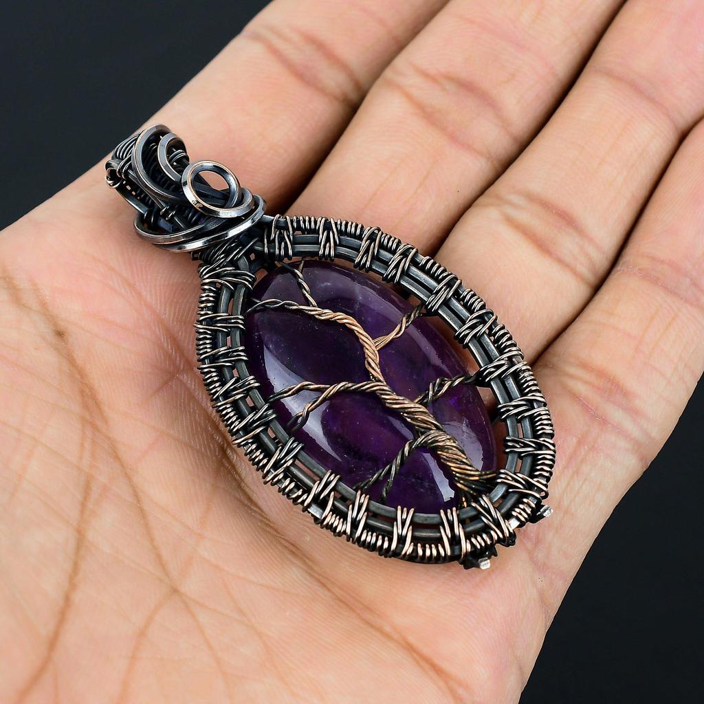 Amazing Tree Of Life Amethyst Gemstone Handmade Pure Copper Wire Wrap Jewelry Pendant