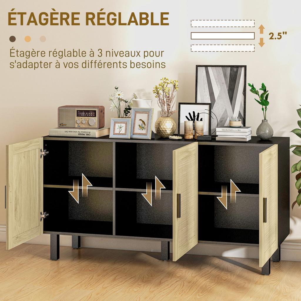 Storage furniture with cabinets with cane-effect doors, adjustable shelves, 136 x 41 x 70 cm, black and natural wood