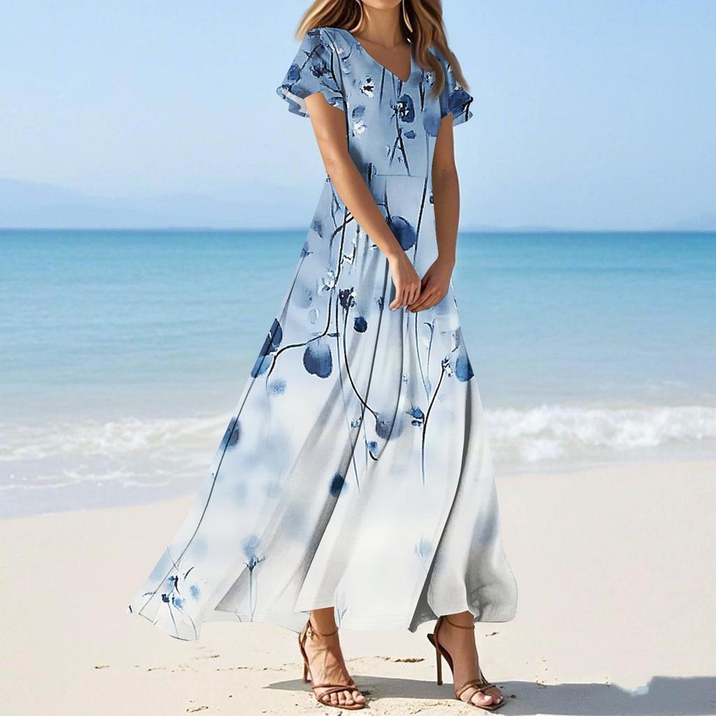Women's Casual Fashion Print Long Dresses V-Neck Short Sleeve Dresses
