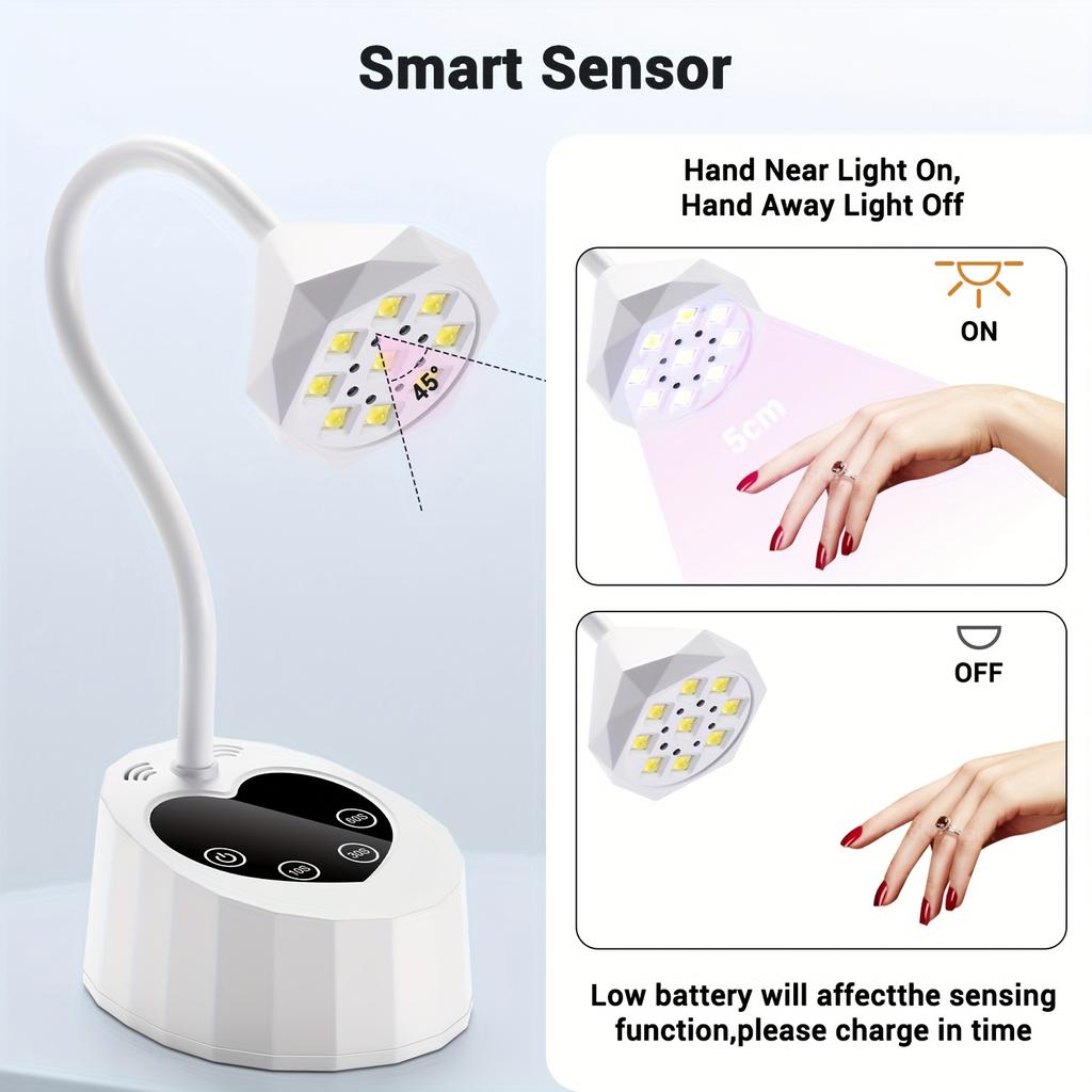 UV LED Nail Light Smart Sensor with 3 Timers Rechargeable Mini Wireless Flash Curing Nail Light Professional Gooseneck UV Light