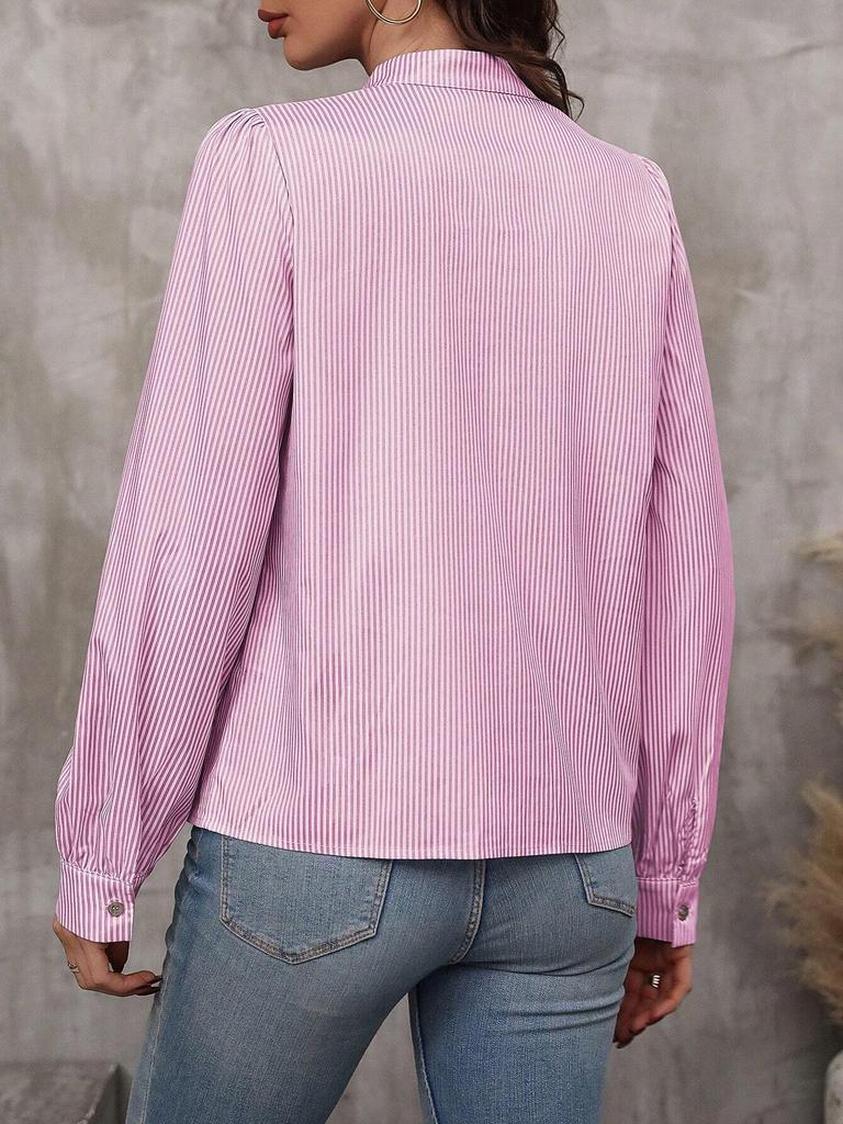 Женская полосатая рубашка с рукавами-фонариками и завязками на воротнике, 2024