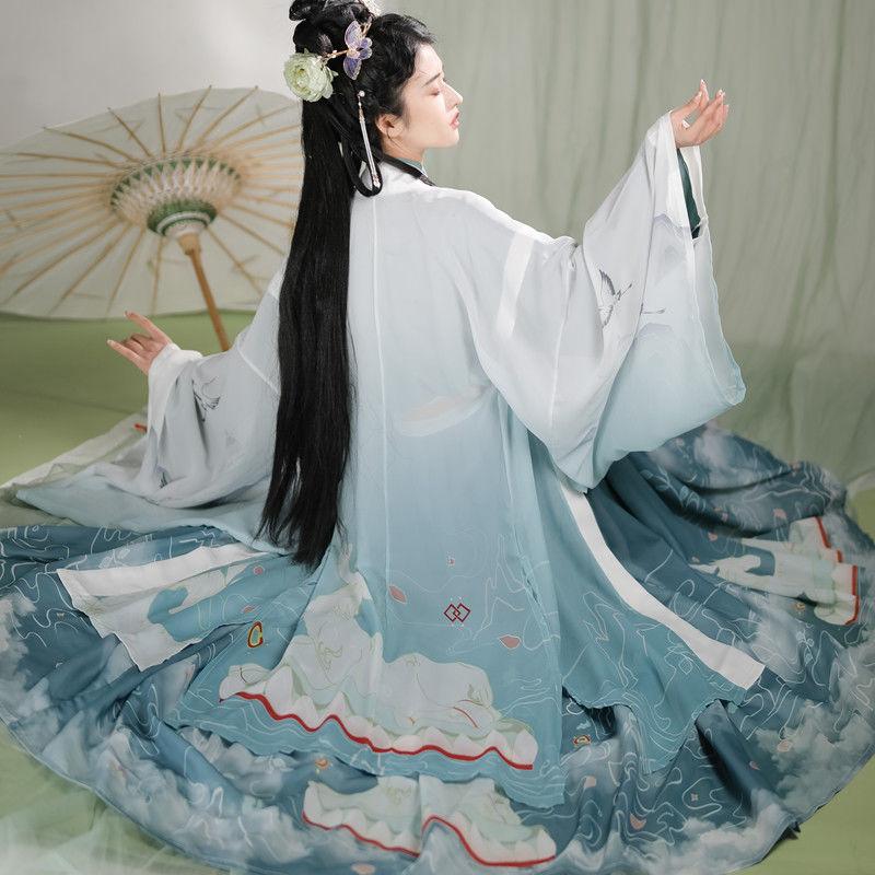 Китайский стиль династии Вэй и Цзинь Ханфу для мужчин и женщин, цельный костюм с юбкой длиной до талии и перекрестным воротником, с перфорацией