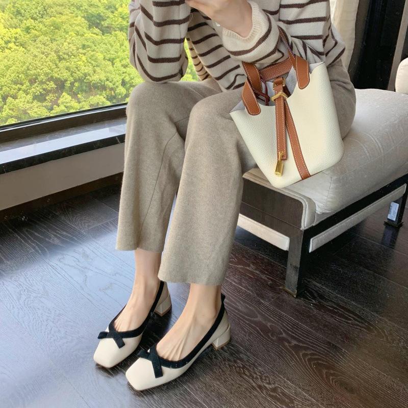 Shoes Leather Square Head Light Mouth Soft Bow Thick Heel Commuter Single Shoes Women's Spring