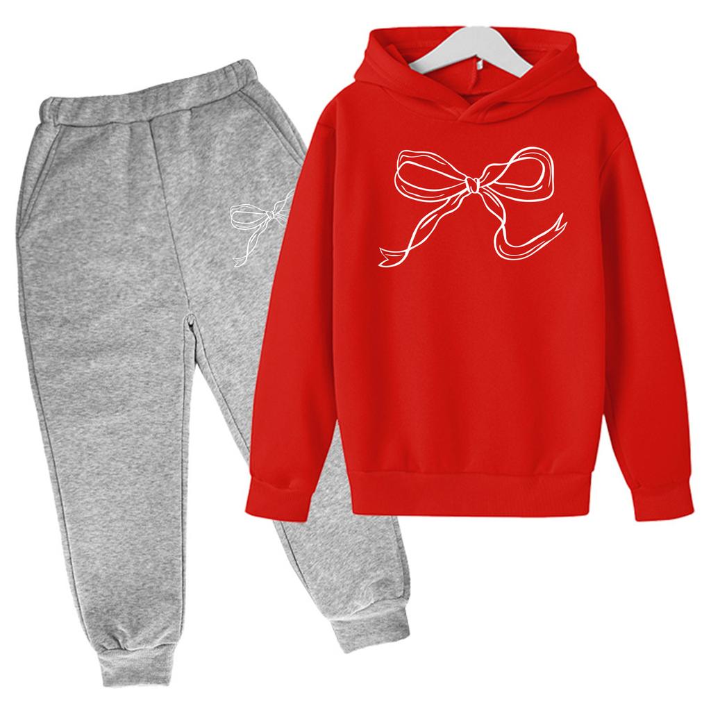 Kids' Plush Long Sleeve Long Pants Loose Pullover Bow Print Hoodie Set