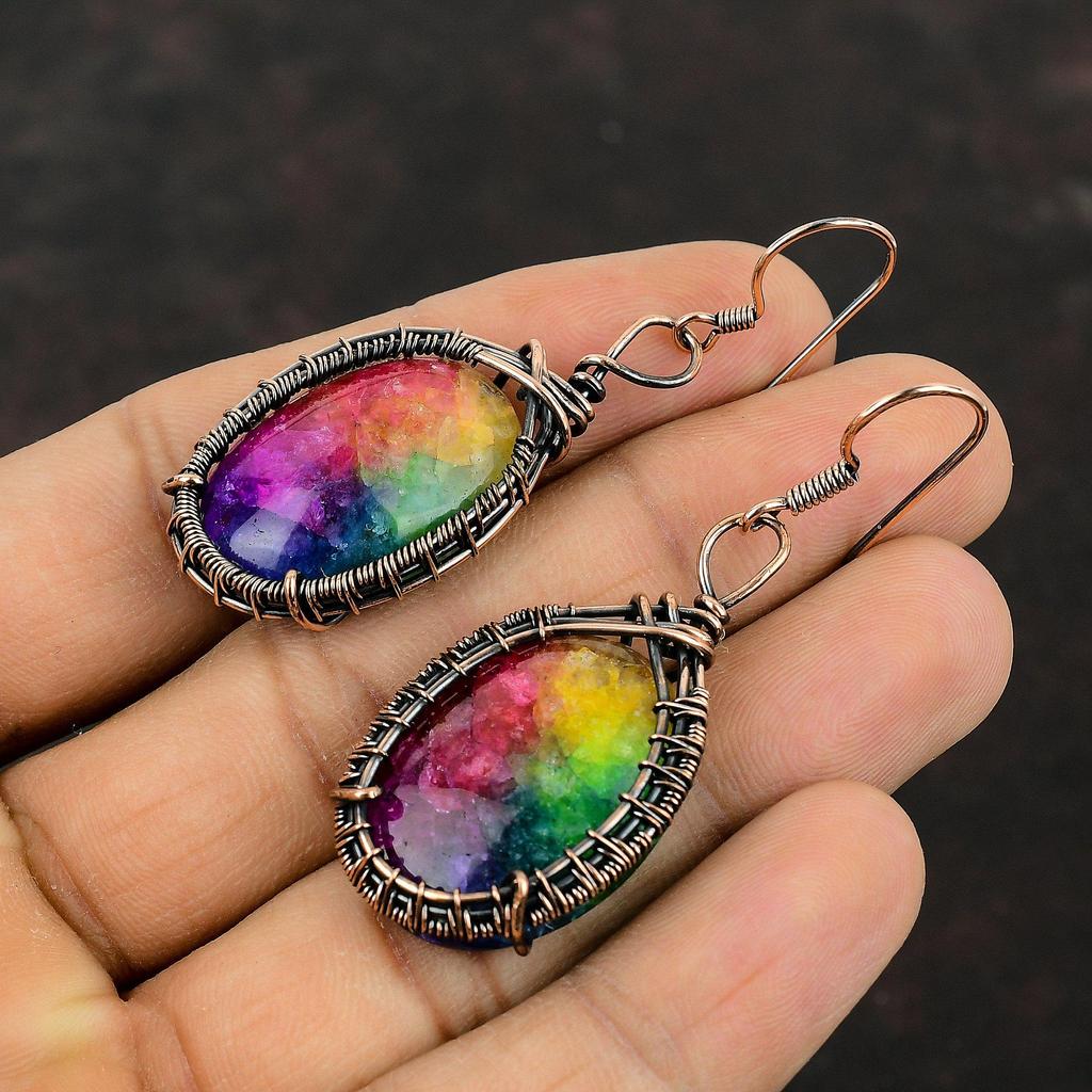 Радужные солнечные кварцевые серьги-друзы, серьги из медной проволоки, серьги ручной работы, ювелирные изделия из драгоценных камней, висячие серьги, медная проволока, ювелирные изделия, подарок для женщин