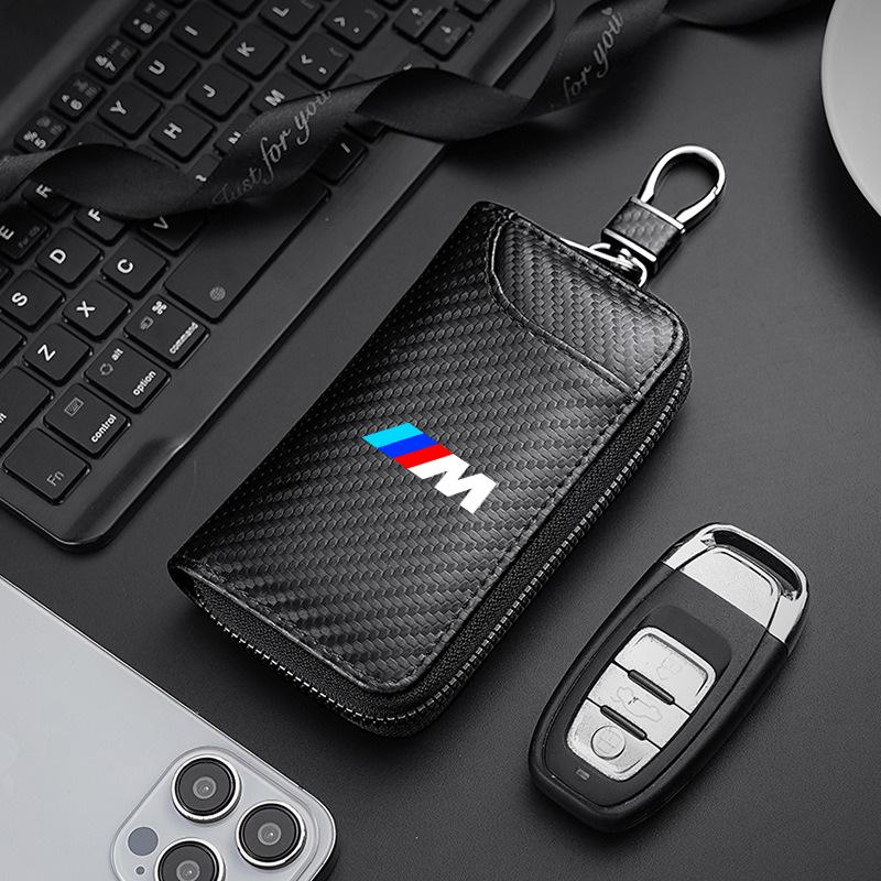 BBJV7 Carbon Fiber Leather Wallet Car Remote Key Storage Zippers Bag For Bmw 50th Anniversary M E36 F20 E46 E90 E87 E34 X3 X5 X6 M2 M3