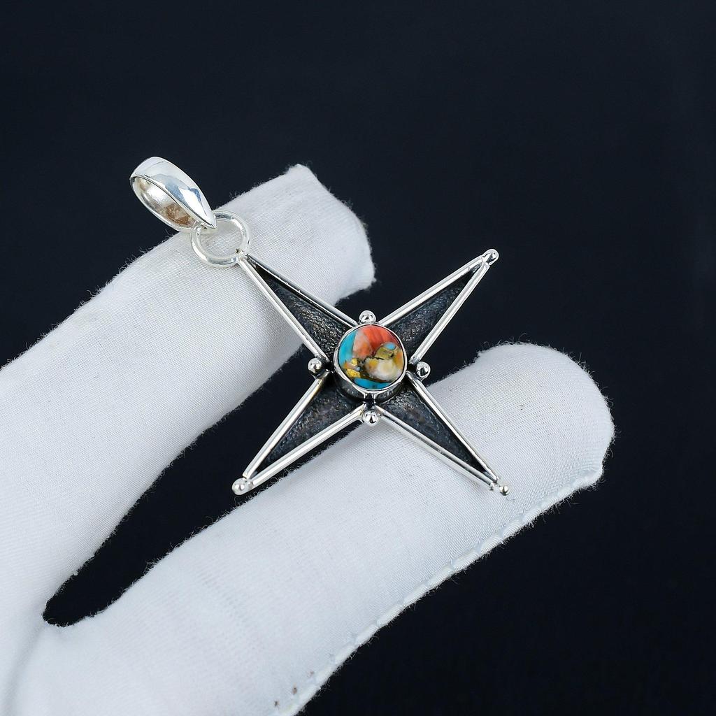 Серебряный кулон с драгоценным камнем Orange Spiny Oyster из серебра 925 пробы — дизайн в виде звезды ручной работы, повседневные украшения, кулон с уникальным дизайном