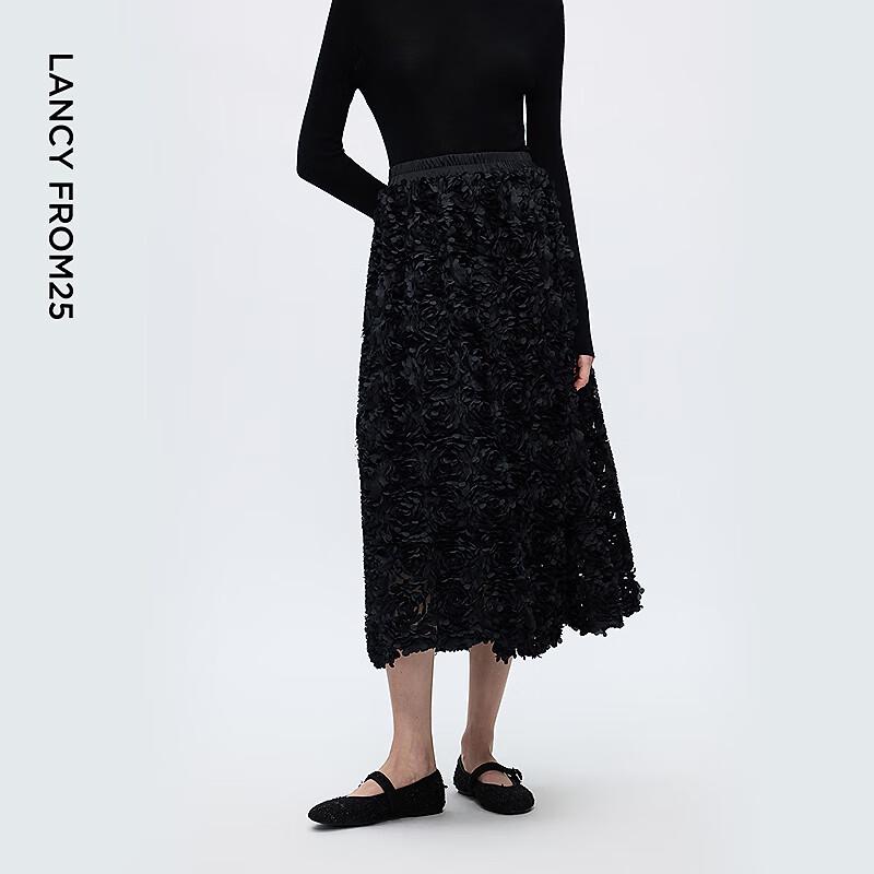 Lancy Black 3D Floral High-Waist A-Line Long Skirt