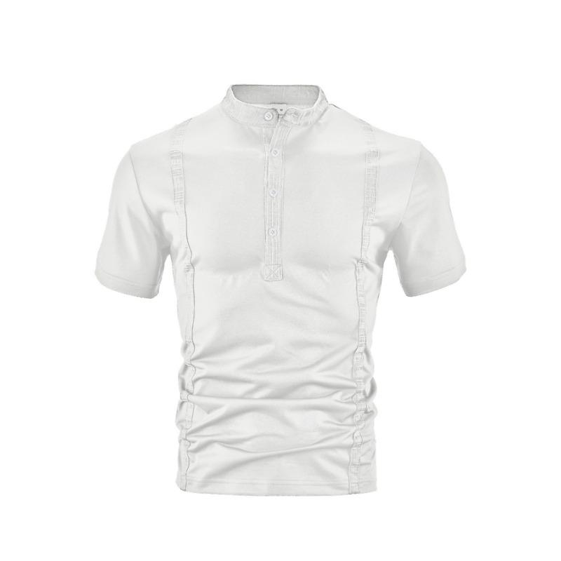 Men Stand Collar Button Placket Short Sleeve Henley T Shirt Slim Fit Casual Top