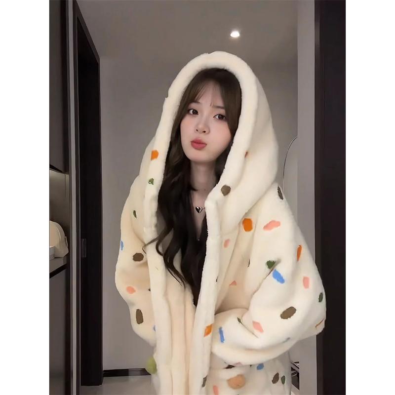 Danmo Dot Robe для женщин, ночная рубашка, зимняя ночная одежда, теплая флисовая пижама, цельная ночная рубашка с капюшоном и длинными рукавами, домашняя одежда