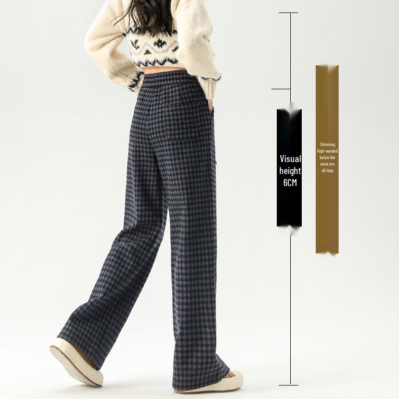 Zhengzhou Women's High Waist Retro Plaid Pants: Autumn/Winter Loose Slim Fit, Straight/Wide Leg, Fleece 2697.