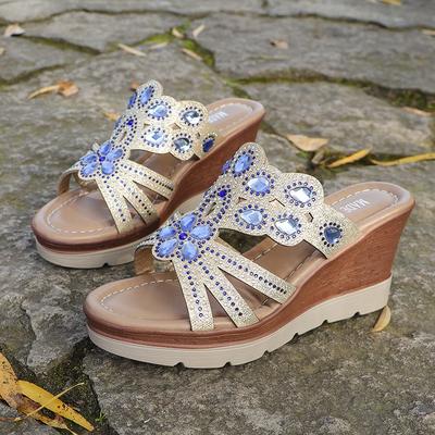 Стразы однословные шлепанцы на танкетке женская мода уличная обувь полые маффины толстая подошва высокий каблук крутые шлепанцы