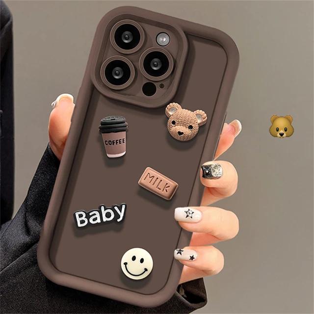 Korean Cute Cartoon 3D Coffee Bear Phone Case For iPhone 15 14 13 12 11 Pro Max X XR Soild Color Silicone Shockproof Soft Cover