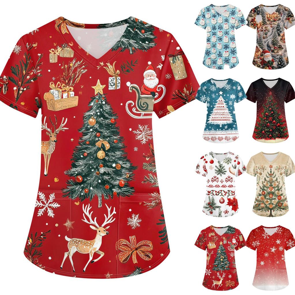 Женская мода с v-образным вырезом, короткими рукавами и карманами, топы с рождественским принтом