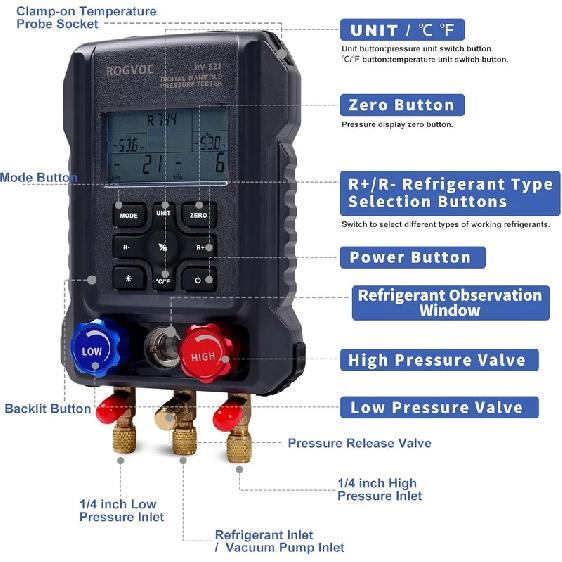 Digital Manifold Gauge HVAC Refrigerant Digital AC Gauge Set with 2 Thermometer Clamps for R22/R410A/R134A/1234YF Charging Kit