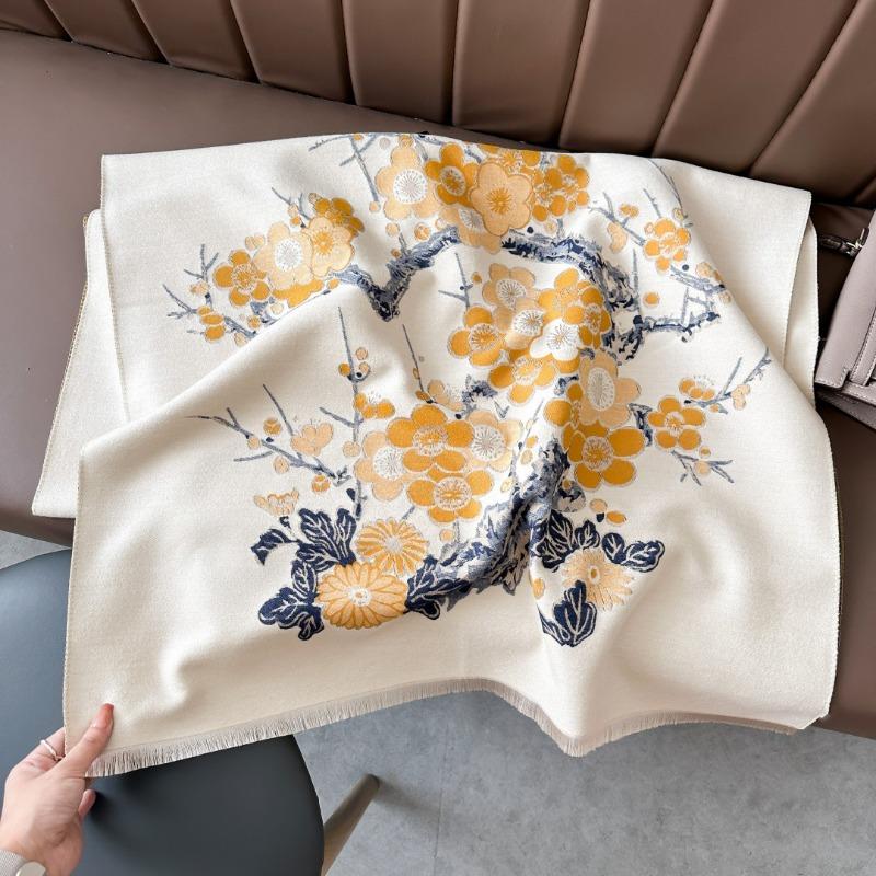 Премиальный шарф с цветами сливы женский из имитации кашемира офисный платок для помещения с кондиционером с зимним шарфом в подарок для мамы