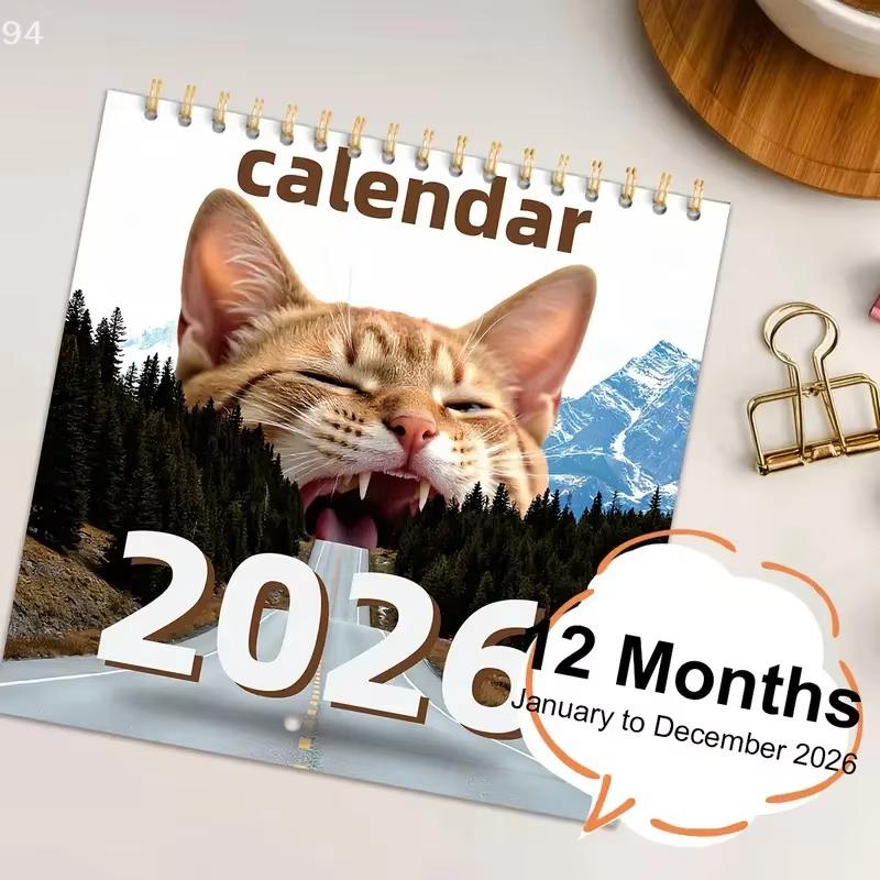 2026 Cat Themed Wall Calendar Amusing Cat Image with Mountain Road Great for Gifting & Adding Fun To Your Space