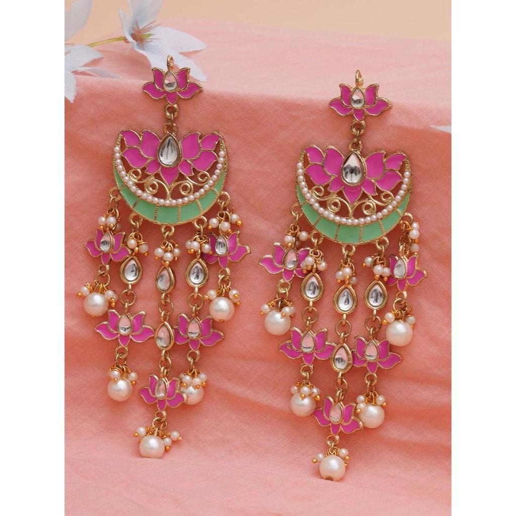 Розовые серьги-подвески Meena Lotus Design Kundan для женщин