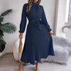 Spring and Autumn Elegant Stand Collar Long-sleeved Waist-fitting Pleated Women's Dresses