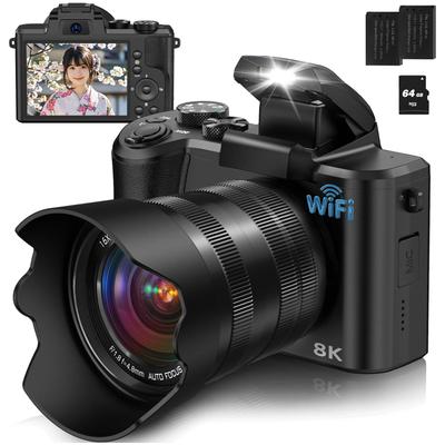 Цифровая камера YOODEE 8K WIFI со смартфоном 88 МП Двойной 48 МП CMOS Карта MicroSD 64 ГБ Изображение 16X 2 карты Шейный ремешок Большой Темно-черный Синхронизация, Сенсорный экран,
