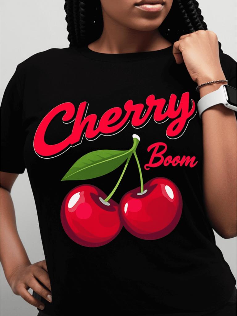 Women Round Neck Short Sleeve Polyester T Shirt Cherry Boom Graphic Print Casual Fashion Style for Daily Wear And Gift I